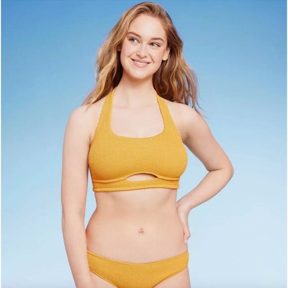 SHADE & SHORE BIKINI TOP PUCKER CUT OUT HALTER BRALETTE WOMEN'S LARGE ORANGE NWT - Picture 1 of 5
